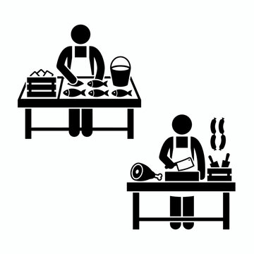 Set of two icons depicting a fishmonger cleaning fresh fish and a butcher cutting meat on professional workstations for culinary business branding