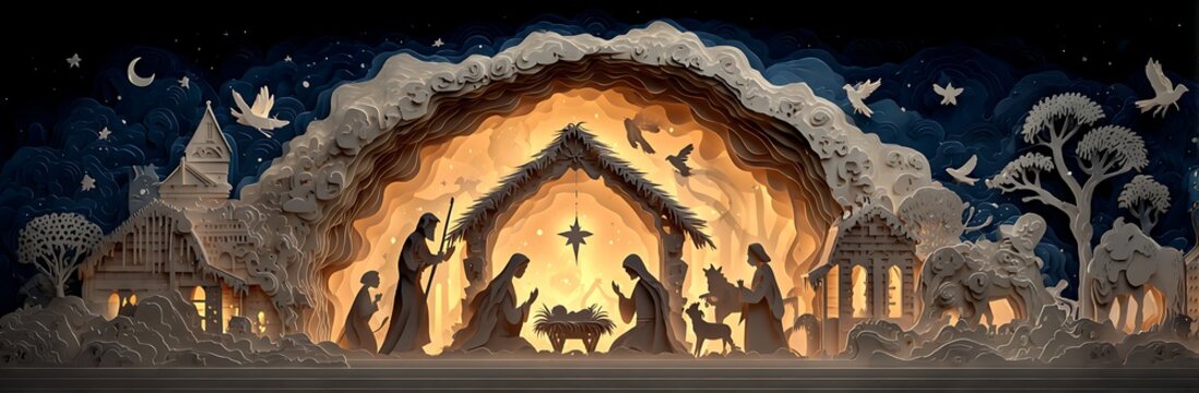 Paper cut art scene depicting a nativity with animals and figures