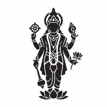 Lord Vishnu Hindu deity black silhouette icon standing on lotus flower vector graphic
