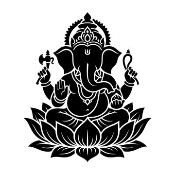 Lord Ganesha silhouette sitting on a lotus flower, traditional Hindu deity graphic icon for spiritual and religious design themes