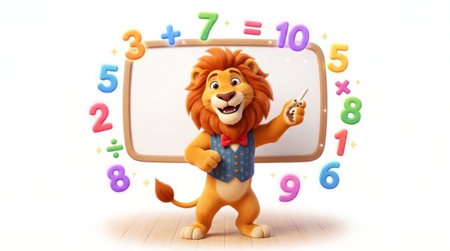 Friendly cartoon lion teacher holding chalk in front of a whiteboard with colorful math equations and numbers