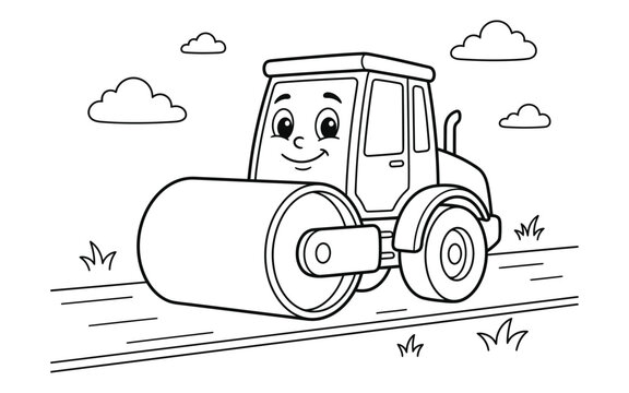 Cute cartoon road roller with a smiling face on a grassy landscape with clouds