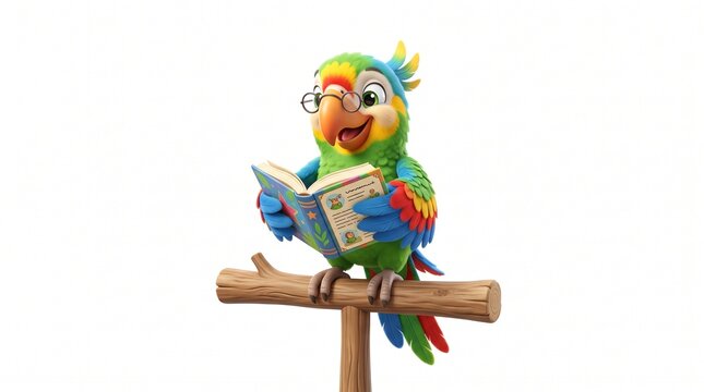 Cute cartoon parrot wearing glasses reading a book while sitting on a branch, educational concept