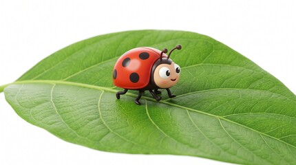 Fototapeta premium Cute cartoon ladybug with black spots walking on a vibrant green leaf with a white background