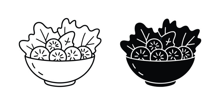 Fresh vegetable salad symbols set, bowl cucumber and healthy ingredients with multiple linear solid and color icon styles, vector illustration for nutrition, diet, cooking.
