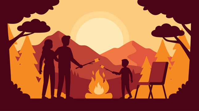 Family roasting marshmallows over campfire in forest at sunset, warm colors, silhouette style vector illustration