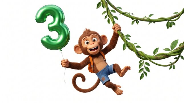 Cute cartoon monkey swinging on vines holding a green number 3 balloon