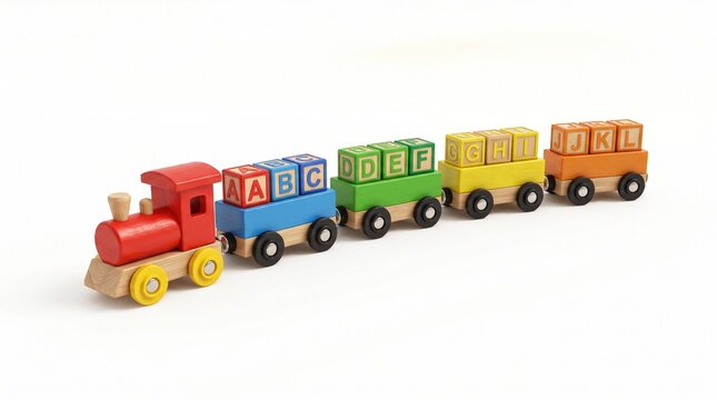 Colorful Wooden Alphabet Train Toy with ABC Blocks on White Background