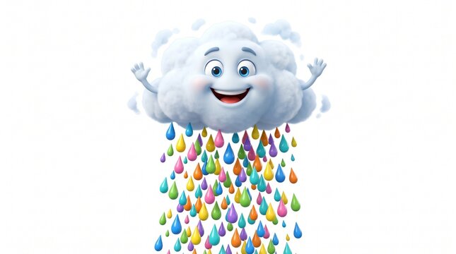 Happy cartoon cloud raining colorful water drops with a cheerful expression and waving hands