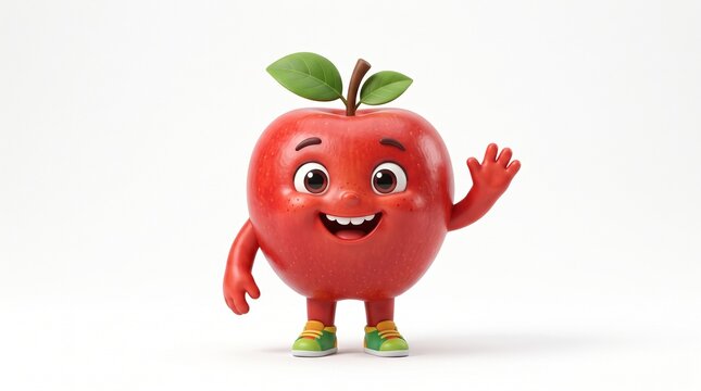 Cute cartoon apple character waving hello with a friendly smile and green shoes on white background