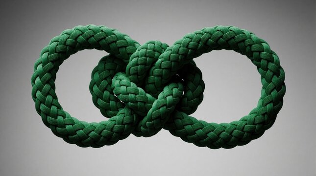 Intertwined green cord forms infinity symbol knot. Braided rope displays symmetry and texture on grey backdrop. Strong connection, eternal loop, textile craft design concept.