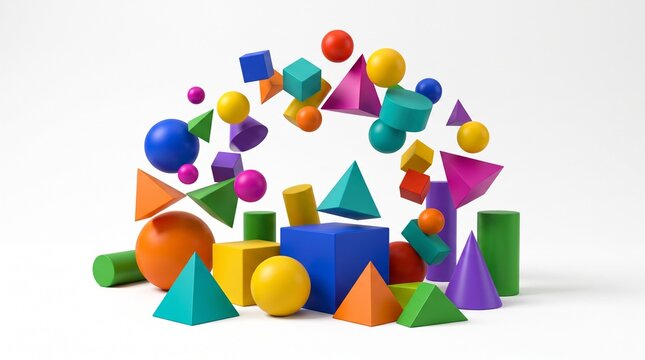 Colorful 3D Geometric Shapes Floating and Arranged on a White Background