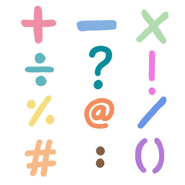 Hand-drawn colorful math symbols and punctuation marks collection, cute pastel education graphic element set isolated on white.