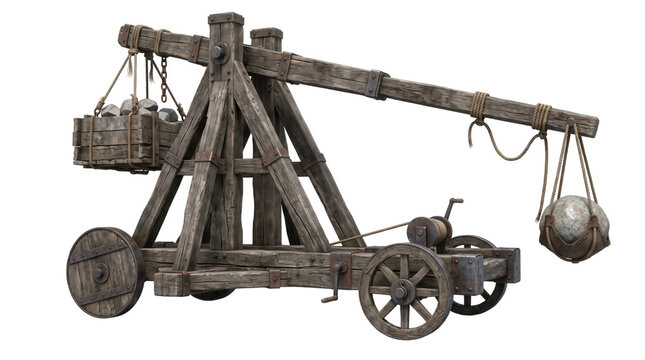 Historical medieval wooden trebuchet catapult siege weapon used for attacking ancient castles PNG,isolated on transparent background.