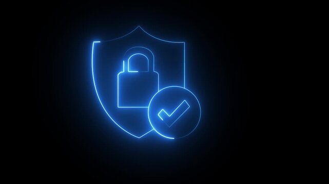 glowing neon blue color lock animation icon security privacy password protection safety animated on black background Sec shield icon animation with locked padlock on black background