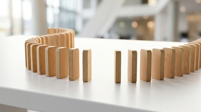 Wooden block arrangement showing staffing shortages in modern office with warm natural design and spacious workspace