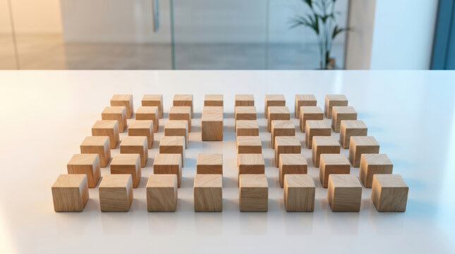 Staffing shortages represented by orderly wooden blocks suggesting workforce planning and resource management in modern office setting