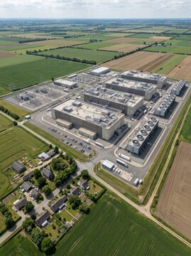Aerial view of large data center campus in rural landscape