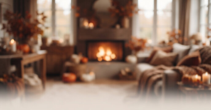 Luxurious autumn interior with a softly glowing fireplace, warm furnishings, seasonal foliage, and fully blurred details, creating an elegant and cozy background for seasonal campaigns