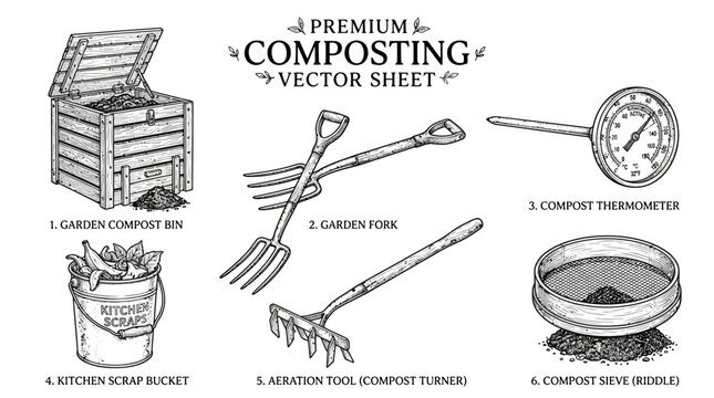 Composting equipment set features a wooden compost bin, garden fork, kitchen scrap bucket, thermometer, aeration tool, and compost sieve drawn in vintage engraved line art style.
