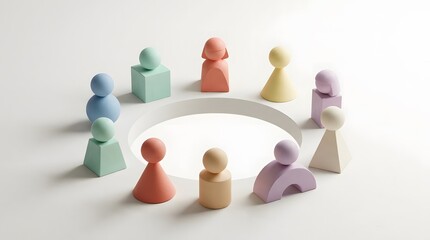 Obraz premium Abstract group of colorful geometric figurines arranged in a circle around a central empty space isolated on white background
