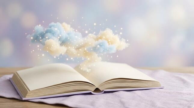 Open book with magical clouds and sparkling stars floating above pages on a purple cloth background