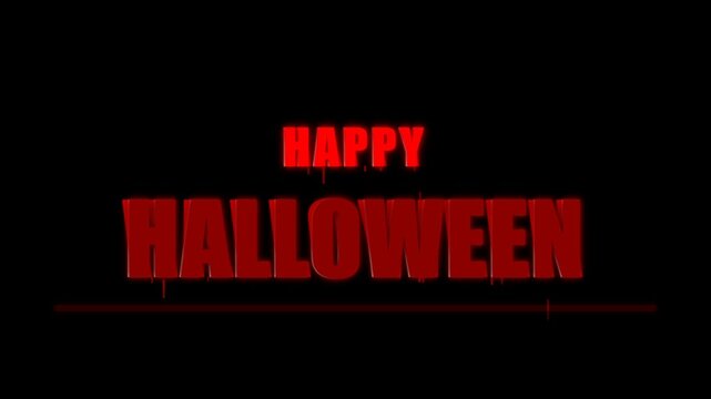 Animated red dripping Happy Halloween 3D text glowing on a black background for horror titles and holiday celebration intro videos.