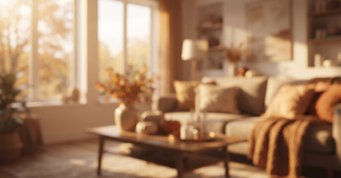Sunlit autumn living room with warm golden light, cozy furnishings, seasonal foliage, and fully blurred details, creating a dreamy premium background for lifestyle and seasonal campaigns