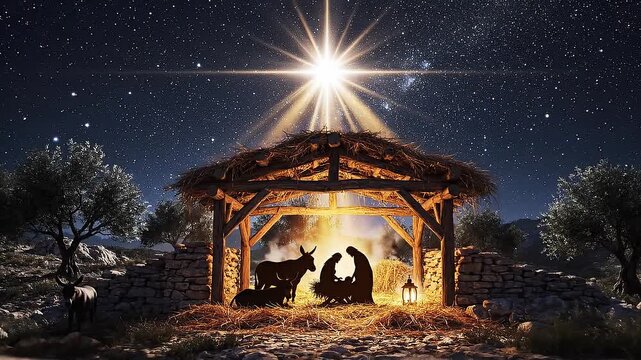 Bright star over quiet christmas manger night sky concept. Nativity scene with the holy family under a bright shining star in a peaceful night setting