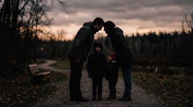 Silhouette of a family on a park path at dusk, parents touching foreheads over children to share a quiet moment of love and protection for mental health and family support campaigns.