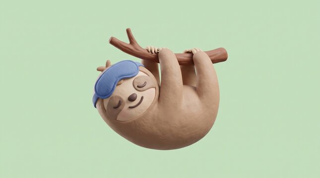 Cute 3D sloth character wearing sleep mask hanging on tree branch