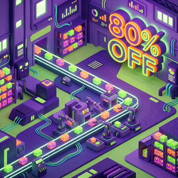 Automated Factory Production Line with 80 OFF Neon Sign Futuristic Technology Concept