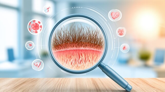 A magnifying glass closely examines a patch of scalp with hair follicles, highlighting potential hair or scalp health issues.