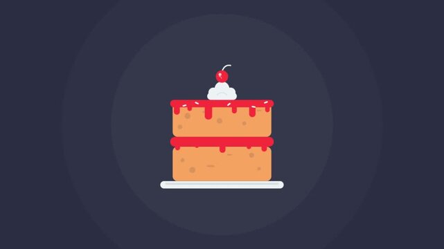 Animated layer cake assembly with red glaze and cherry on top against dark background