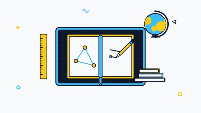 Animated school desk scene with notebook pencil and globe graphic