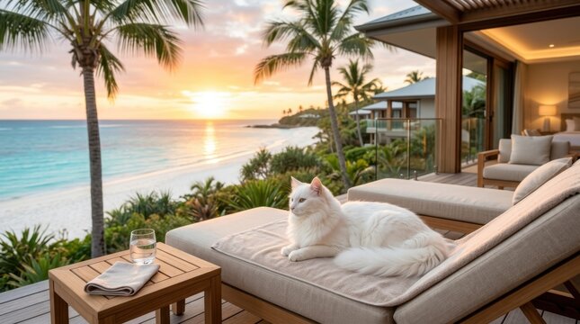 White cat resting on a lounge chair at sunset