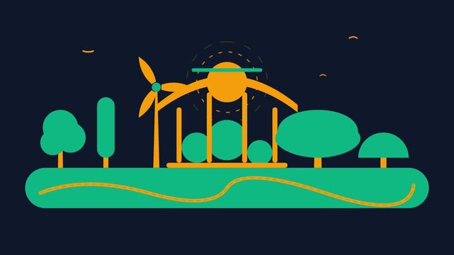 Animated Transition from City Skyline to Green Eco Friendly Park with Wind Turbine