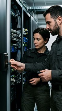 Two IT professionals using a key card to access a secure server room with blinking lights