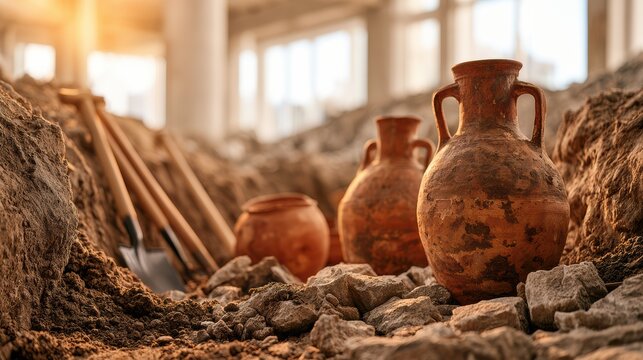 Rusty ancient pottery jars displayed in a sunlit archaeological excavation site surrounded by soil and rocks.