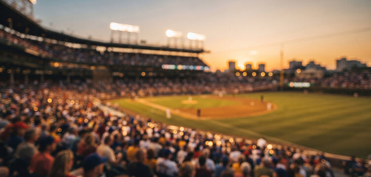 A baseball stadium at sunset melts into warm cinematic blur, combining glowing floodlights, soft seating, and golden field tones for an atmospheric sports background