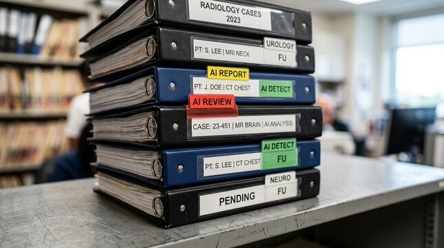 Stack of radiology case binders with AI review tabs on a shelf | Medical Imaging Innovation in Modern Healthcare