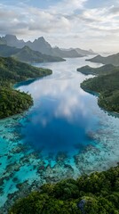 Obraz premium Breathtaking aerial view of a calm sea passage surrounded by green islands with tropical landscape seascape paradise vacation