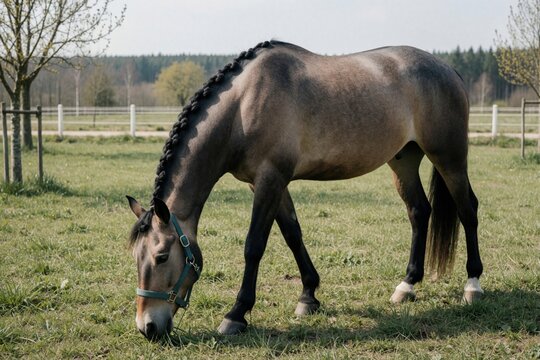 Grullo Lusitano horse with braided mane grazes green grass in sunny paddock. Beautiful equine animal eats in pasture near white fence. Calm grey gelding enjoys spring day at ranch. Elegant stallion