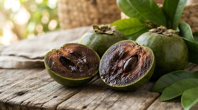 Freshly cut black sapote fruit with dark pulp and seed on rustic wood