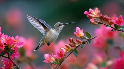 Fototapeta premium Hummingbird hovering over colorful flower blossoms in lush garden, graceful flying bird feeding on nectar, vibrant wildlife and nature scene, peaceful outdoor garden beauty, close up tropical bird in 