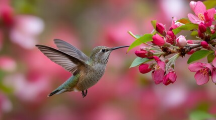 Fototapeta premium Hummingbird hovering over colorful flower blossoms in lush garden, graceful flying bird feeding on nectar, vibrant wildlife and nature scene, peaceful outdoor garden beauty, close up tropical bird in 