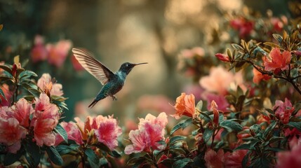 Fototapeta premium Hummingbird hovering over colorful flower blossoms in lush garden, graceful flying bird feeding on nectar, vibrant wildlife and nature scene, peaceful outdoor garden beauty, close up tropical bird in 