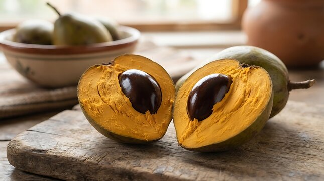 Freshly cut lucuma fruit revealing its vibrant orange flesh and large brown seed