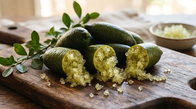 Fresh finger limes with caviar-like pulp spilling out on a wooden board