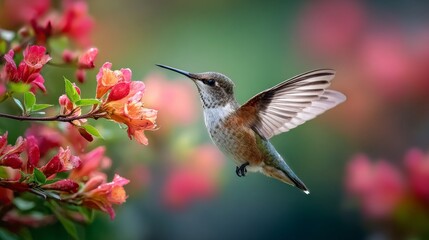 Fototapeta premium Hummingbird hovering over colorful flower blossoms in lush garden, graceful flying bird feeding on nectar, vibrant wildlife and nature scene, peaceful outdoor garden beauty, close up tropical bird in 